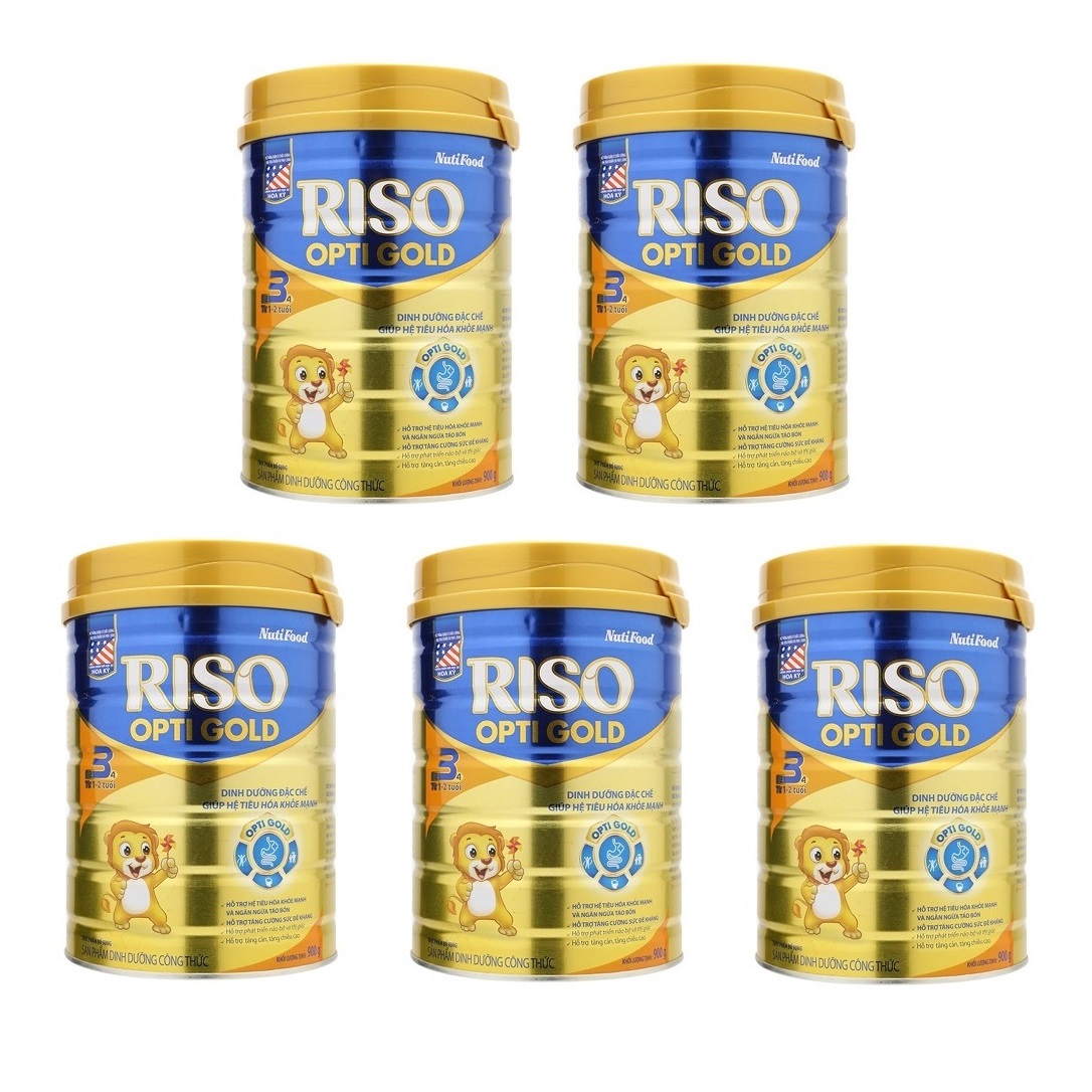 Bộ 5 Lon Sữa Bột NutiFood RISO OPTI GOLD 3 Lon 900g Cho Trẻ Từ 1-2 Tuổi