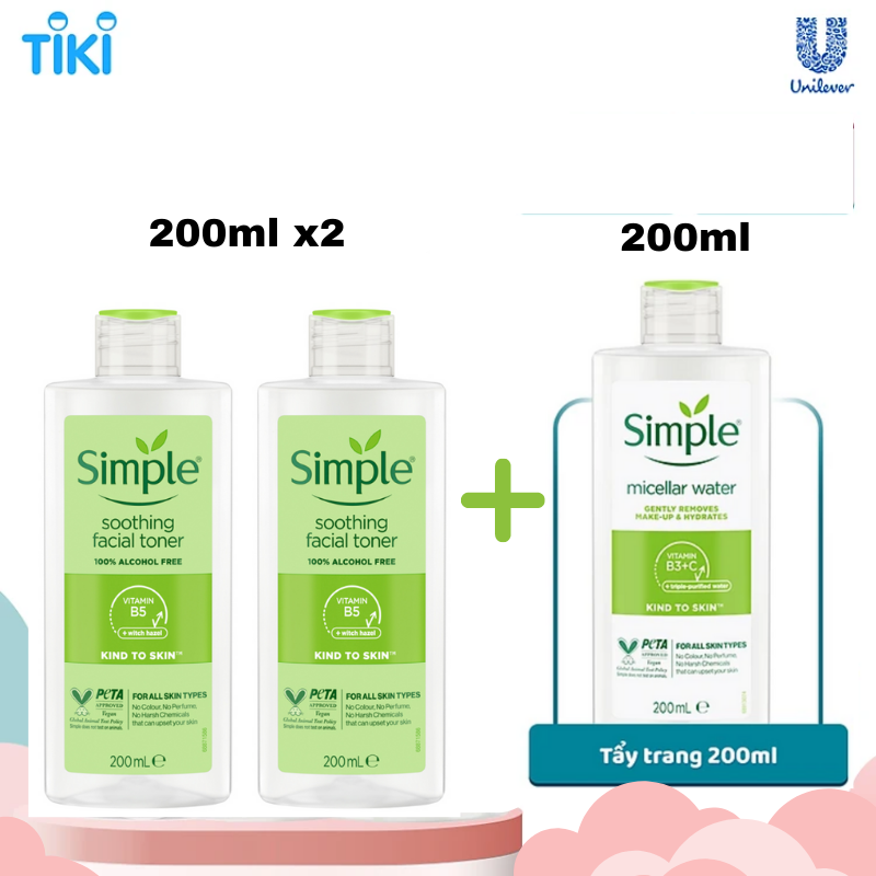 Combo 2 Nước hoa hồng Simple Toner làm dịu và cân bằng độ ẩm cho da - lành tính không chứa cồn 200ml [Chính hãng độc quyền]