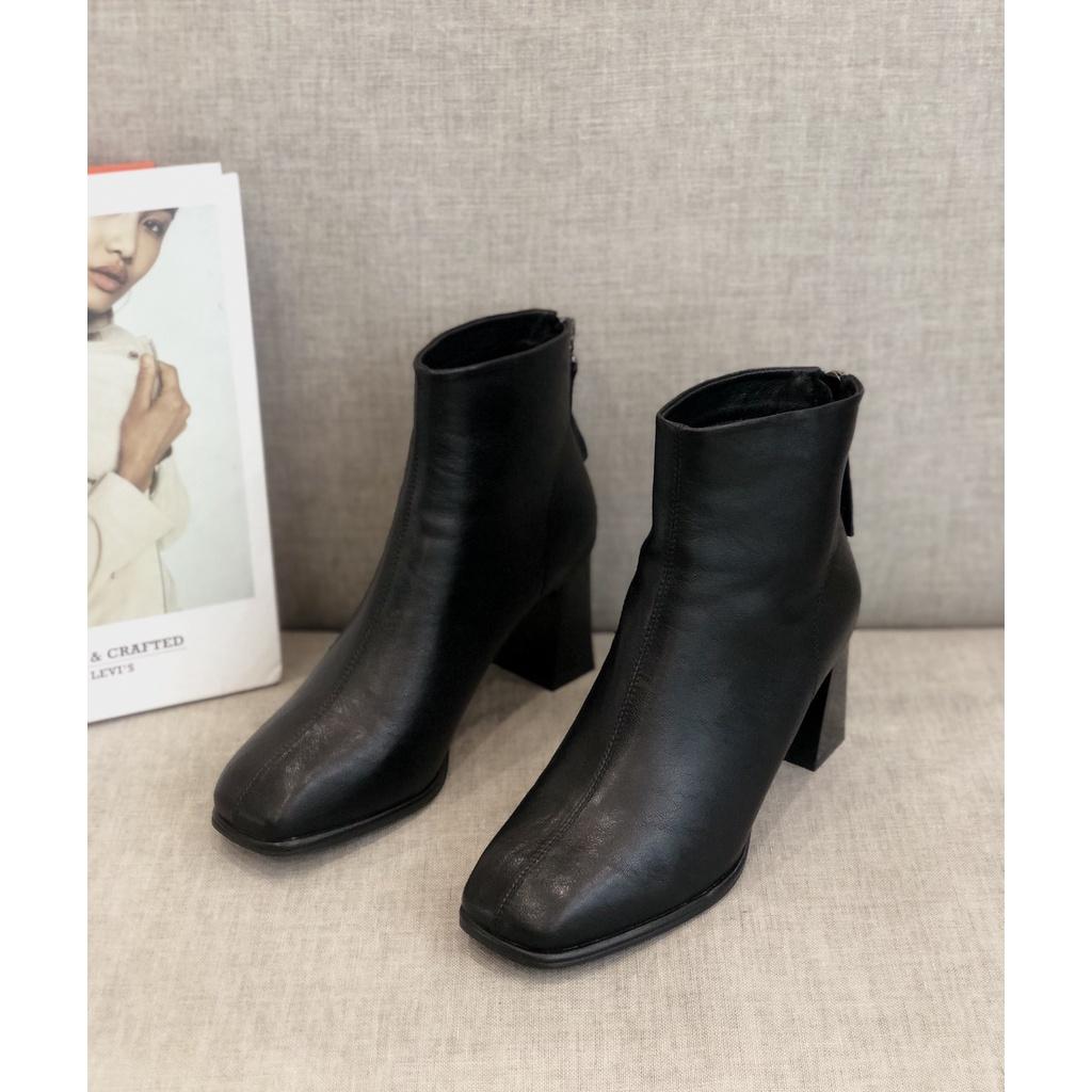 Giày boot nữ da mềm 2021 B SHOES, boot thấp cổ lót nỉ khóa kéo, mũi vuông, họa tiết kim loại siêu thời trang, cao 5p