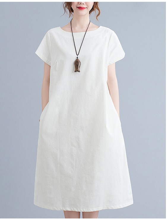 Đầm suông linen tay ngắn màu trắng đai rời, chất vải linen mềm mát, phong cách Hàn Quốc thời trang Đũi Việt Dv84