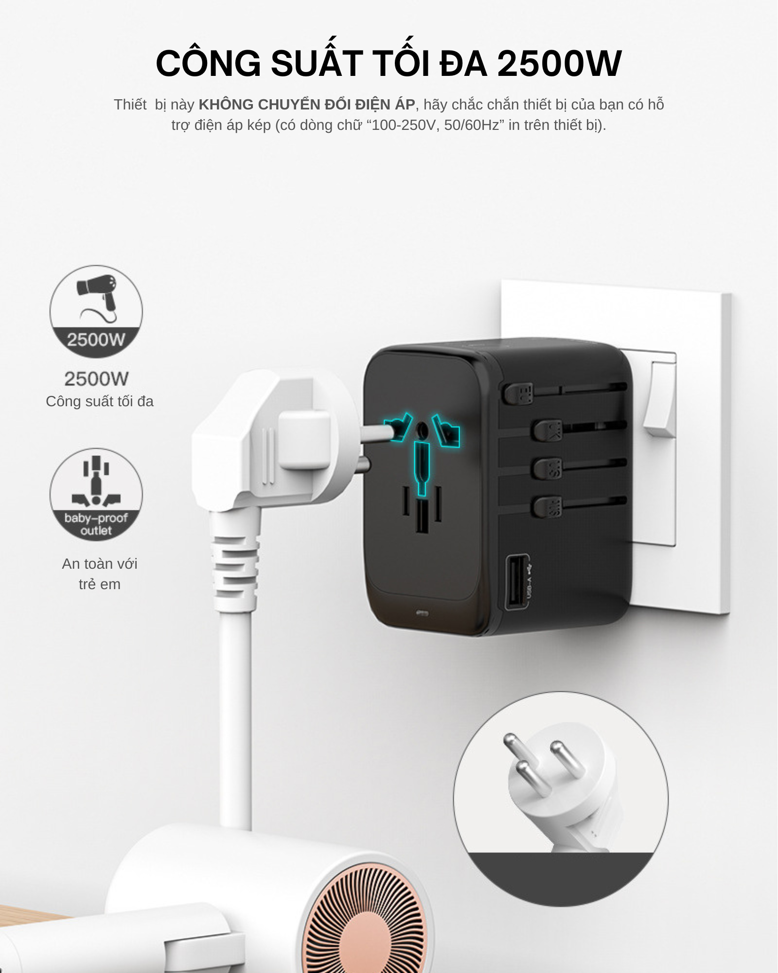 [Sạc Nhanh GaN 65W] Ổ Cắm Điện Du Lịch Quốc Tế Đa Năng Tamayoko Công Suất 2500W 4 Cổng USB-C, USB