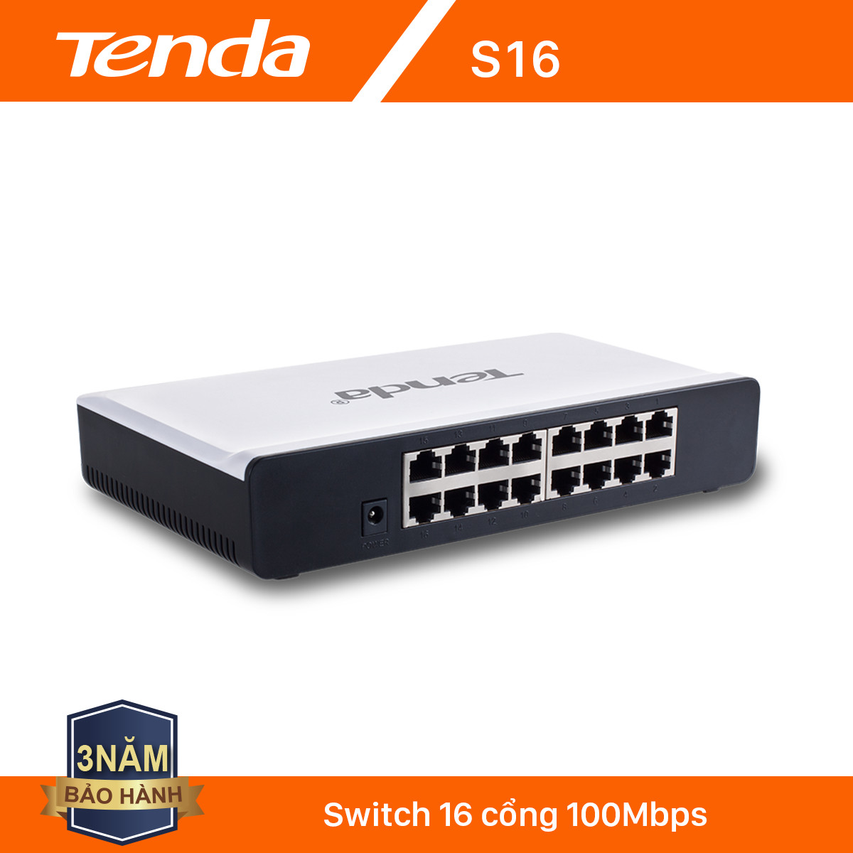 Tenda Bộ chia mạng Switch S16 16 cổng Ethernet 100Mbps - Hàng Chính Hãng