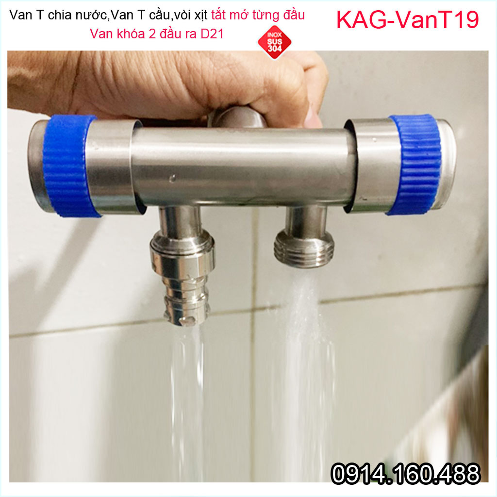 Van T chia nước vòi xịt bồn cầu sus304 KAG-VanT19, van khóa 2 đầu D21 dùng nhà tắm- chia nước tưới cây sân vườn siêu bền sử dụng tốt