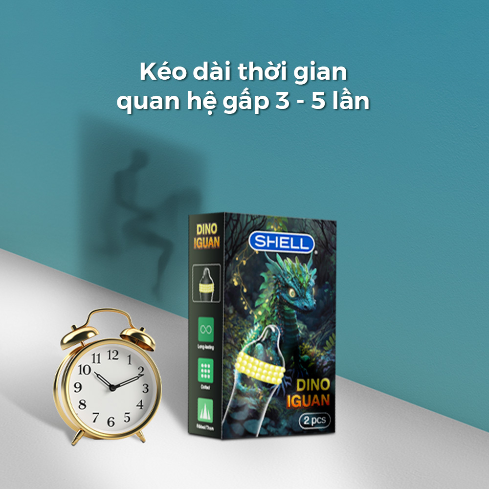 Bao cao su Shell Dino Iguan - 1 bao 2 vòng bi siêu lớn + 1 bao Shell Performax (Hộp 2 cái) | SHELL CHÍNH HÃNG