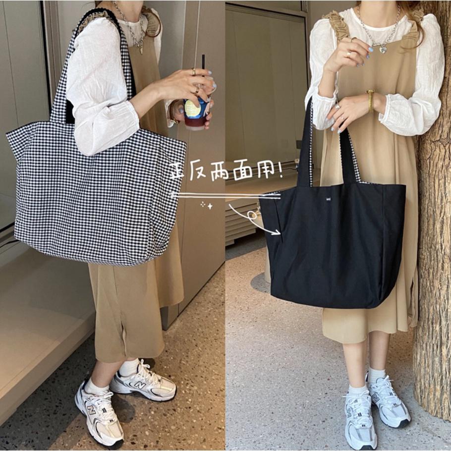 T302/Túi tote vải canvas nữ 2 mặt trơn và kẻ caro đựng vừa laptop cỡ lớn đeo vai phong cách Nhật Bản