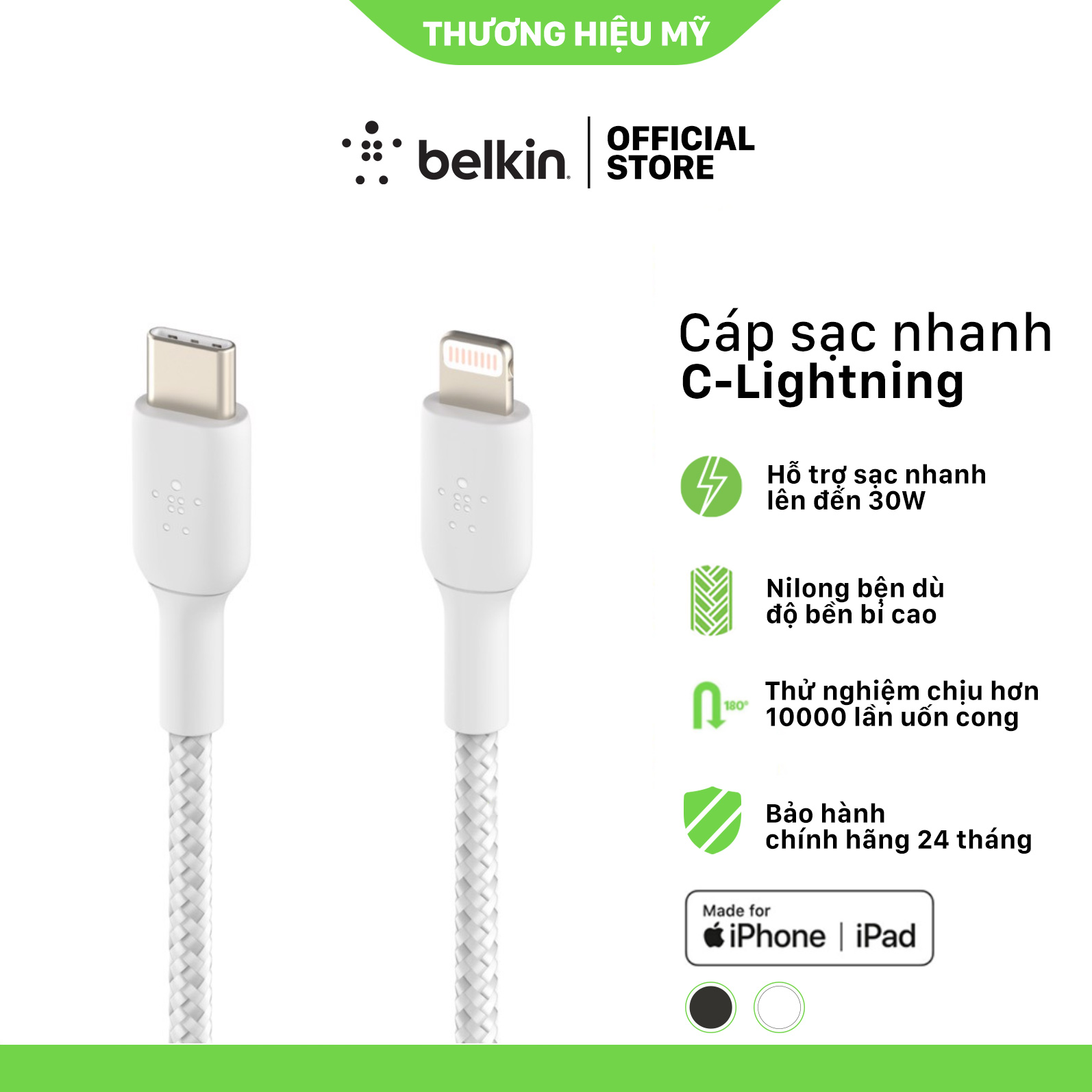 Cáp USB-C to Lightning BOOST↑CHARGE Belkin vỏ dù, chứng chỉ MFi, sạc nhanh 30W, 1m & 2m - Hàng Chính Hãng CAA004bt