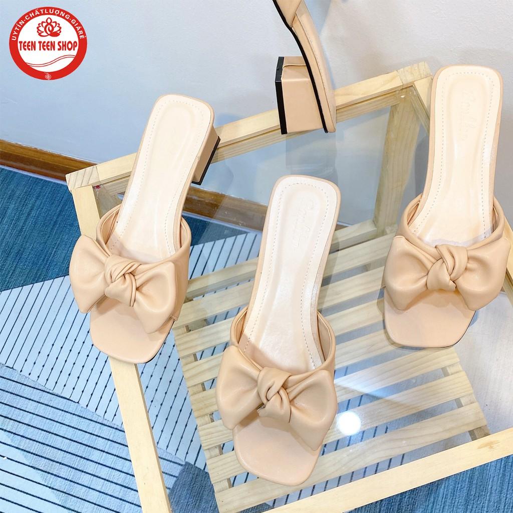Guốc cao gót nữ 3 phân bền đẹp, dép nữ cao 3 phân đính nơ - SD007