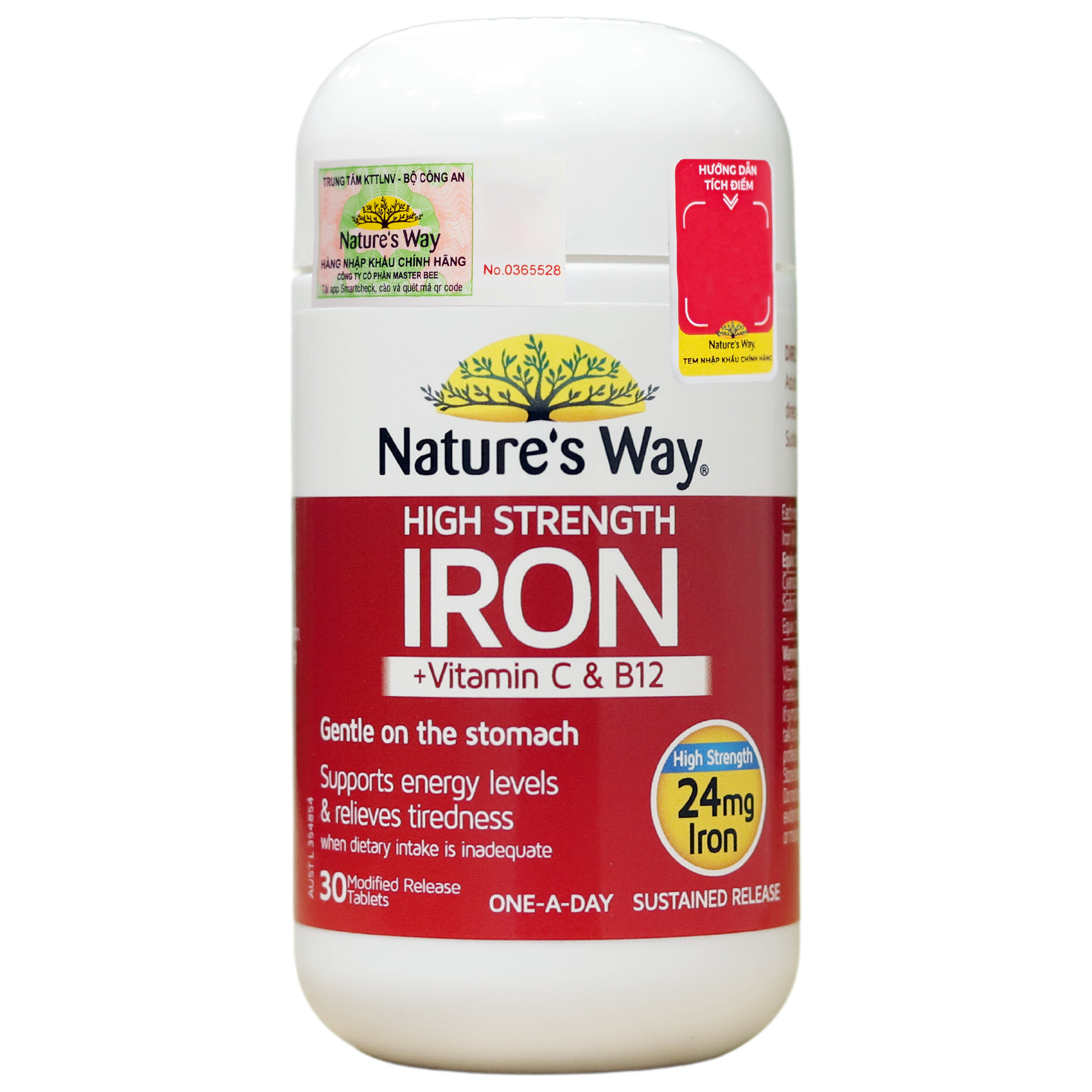 Viên uống Nature’s Way High Strength Iron + Vitamin C&B12 – Bổ sung sắt hữu cơ hàm lượng cao 24mg (30 viên)