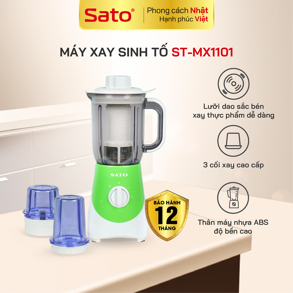 Máy xay sinh tố đa năng Sato ST-MX1101 1.4L - Công suất 300W, 4 lưỡi giúp xay nhuyễn bằng inox không gỉ, nhựa ABS an toàn chịu lực tốt, an toàn, tháo lắp dễ dàng - Miễn phí vận chuyển toàn quốc - Hàng chính hãng