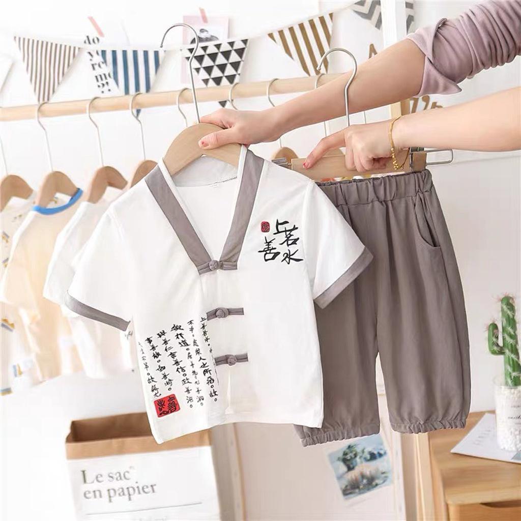 Bộ Cộc Tay Cổ Tàu Phong Cách Cho Bé, Bộ Cộc Tay Chất Cotton Đũi Cho Bé Từ 7 - 27kg - Rosy Kids