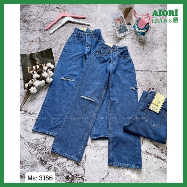 Quần Jeans Nữ, Quần Bò Nữ Aiori Ống Rộng Lưng Cao Trơn Rách Gối Bò Suông Phong Cách Thời Trang Hàn Quốc_Mã 3186