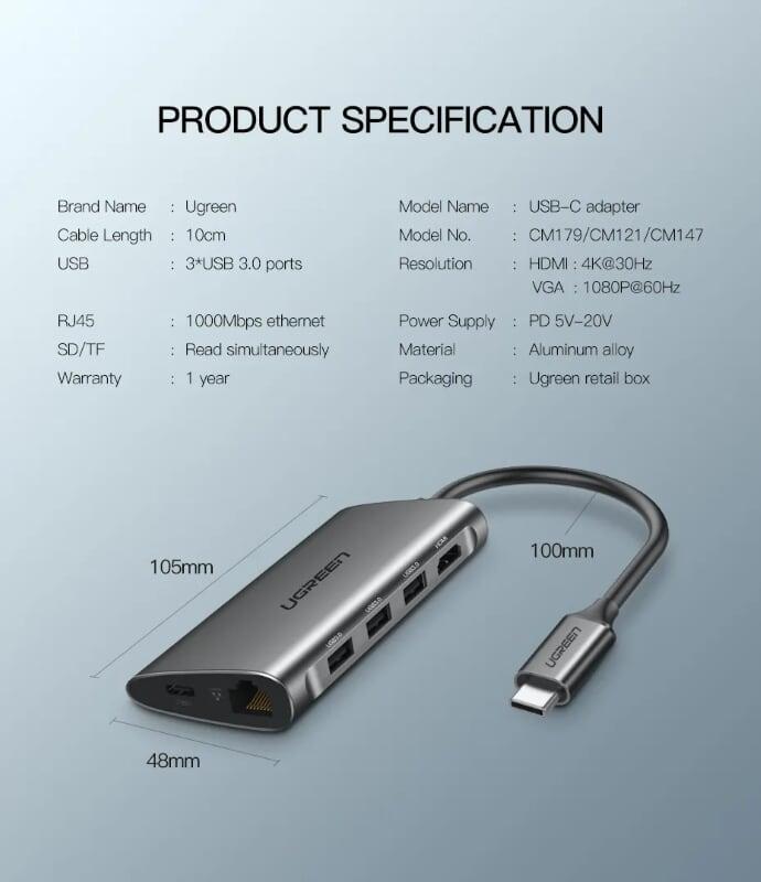 Ugreen UG40873CM179TK Bộ chuyển đổi TYPE C sang 3 USB 3.0 + HDMI + VGA + LAN + SD TF + hỗ trợ nguồn TYPE C - HÀNG CHÍNH HÃNG