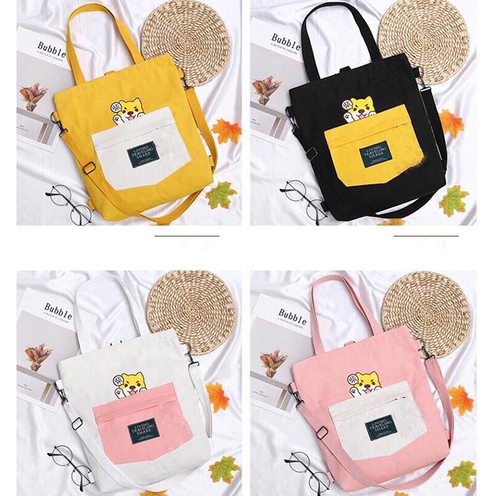 Túi Vải Tote Trắng Hộp Hồng - Chú Chó Hachiko Hot Trend 2019 (Không Có Móc Khóa )  (Tặng Kèm 1 Gương Mini Siêu Xinh)