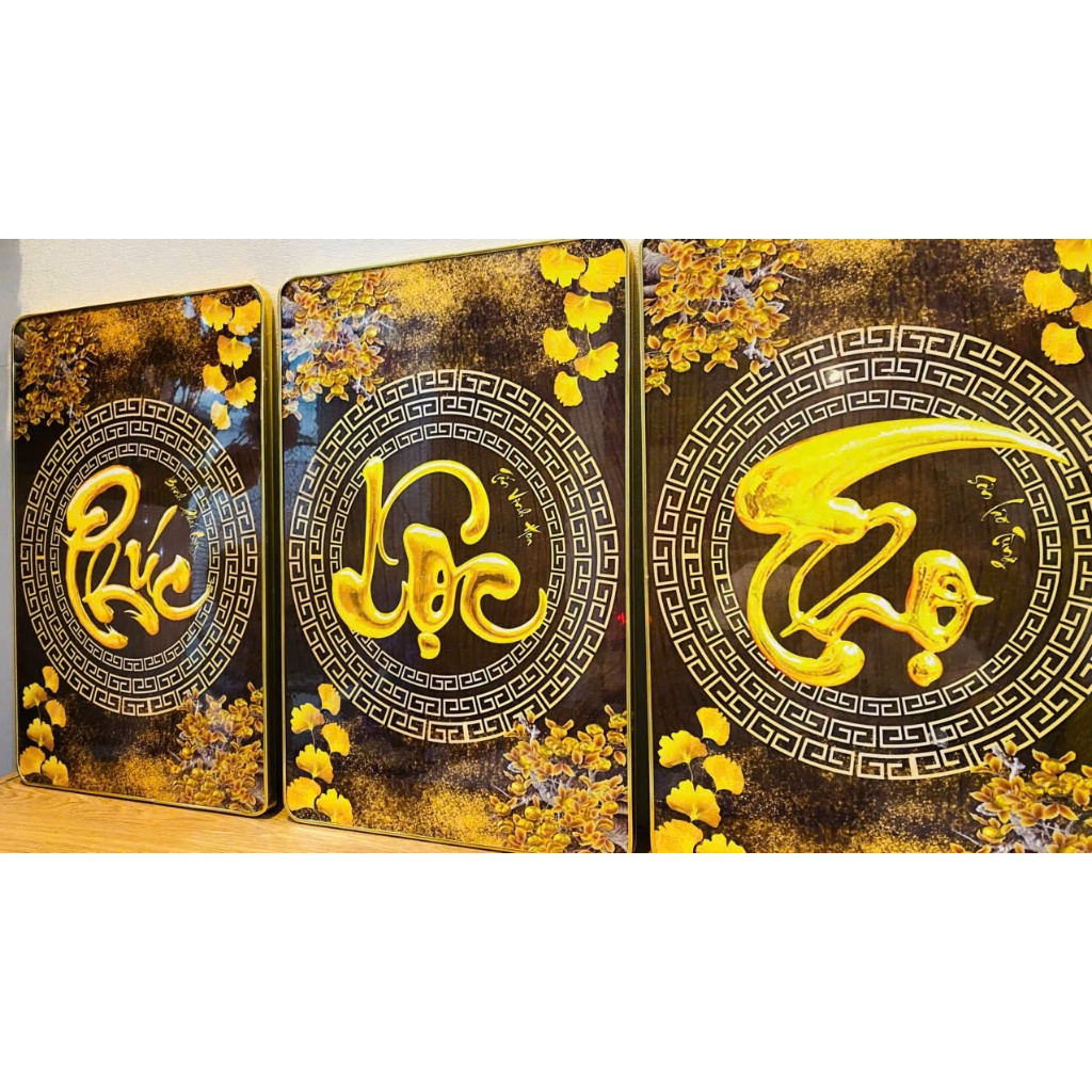 (ẢNH CHỤP THẬT)TRANH TREO TƯỜNG TRÁNG GƯƠNG PHÚC LỘC THỌ VÀNG TẶNG KÈM ĐINH 3 CHÂN