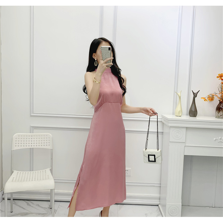 Đầm cổ yếm hở lưng màu hồng ngọt ngào - A17F