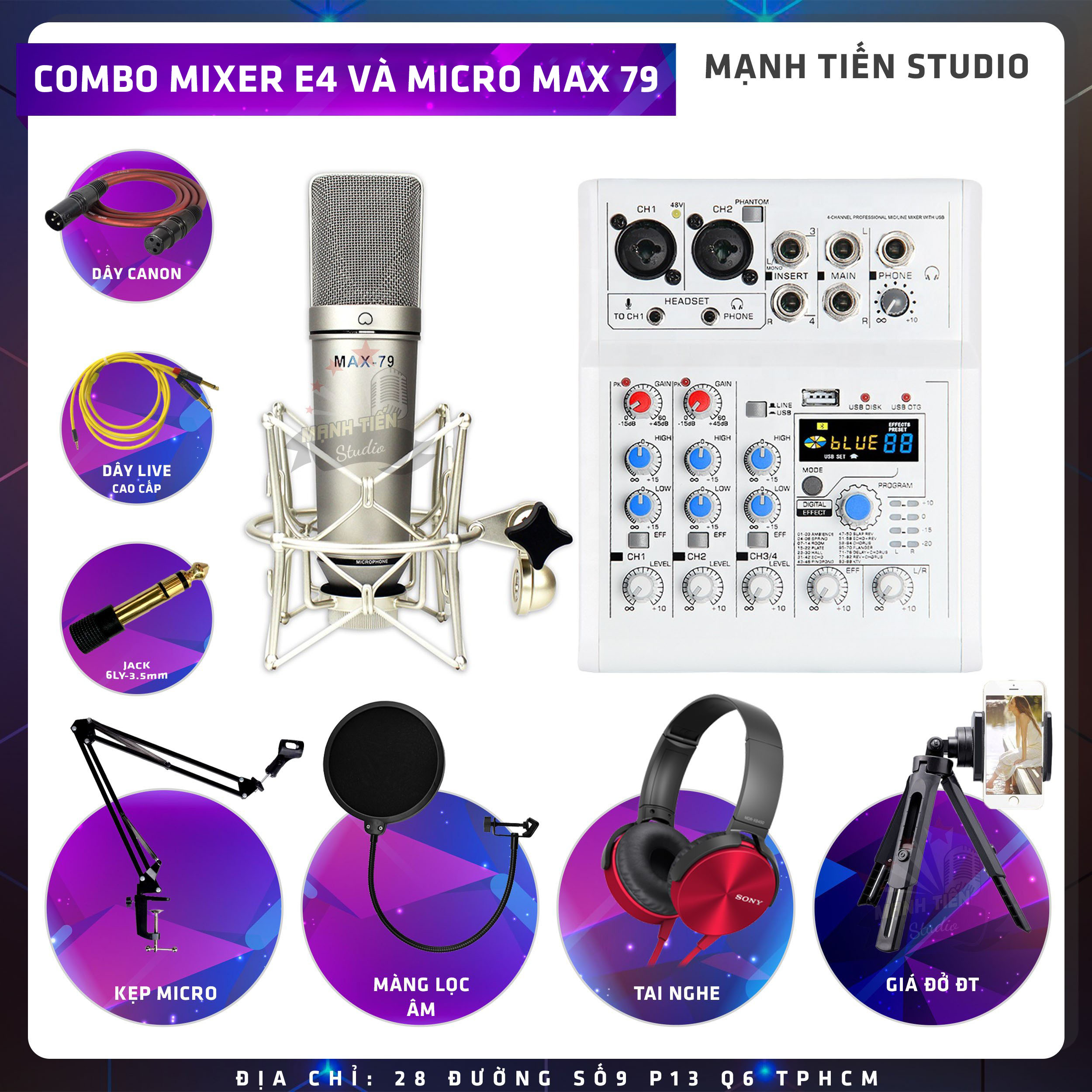 Combo thu âm, livestream Micro Max 79, Mixer E4 - Kèm full phụ kiện kẹp micro, màng lọc, tai nghe, dây canon, dây livestream, giá đỡ ĐT - Hỗ trợ thu âm, karaoke online chuyên nghiệp - Hàng nhập khẩu