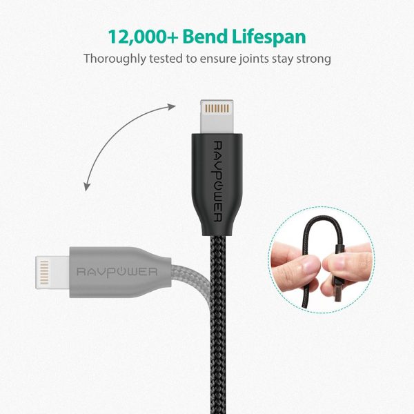 Dây cáp sạc điện thoại RAVPower RP-CB019 1m USB-A to Lightning Nylon Yarn Braided Lightning Cable, Màu Đen- Hàng Nhập Khẩu