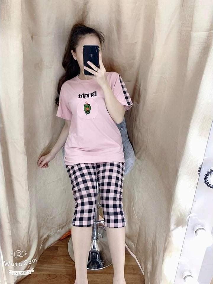 đồ bộ cotton lửng sọc caro in logo dễ thương