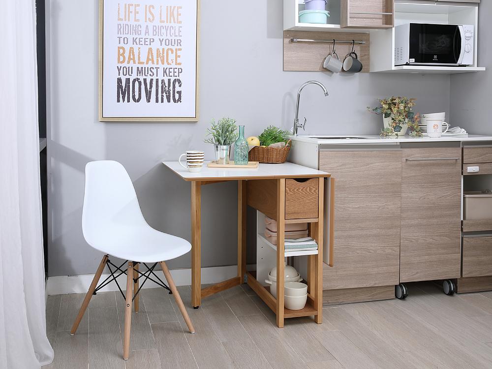 Bàn ăn thông minh PLIER chân gỗ tự nhiên kết hợp mặt gỗ MDF phủ melamine cao cấp kèm kệ và ngăn kéo tiện lợi, thiết kế độc đáo có thể gấp gọn hay mở rộng kích thước | Index Living Mall - Phân phối độc quyền tại Việt Nam