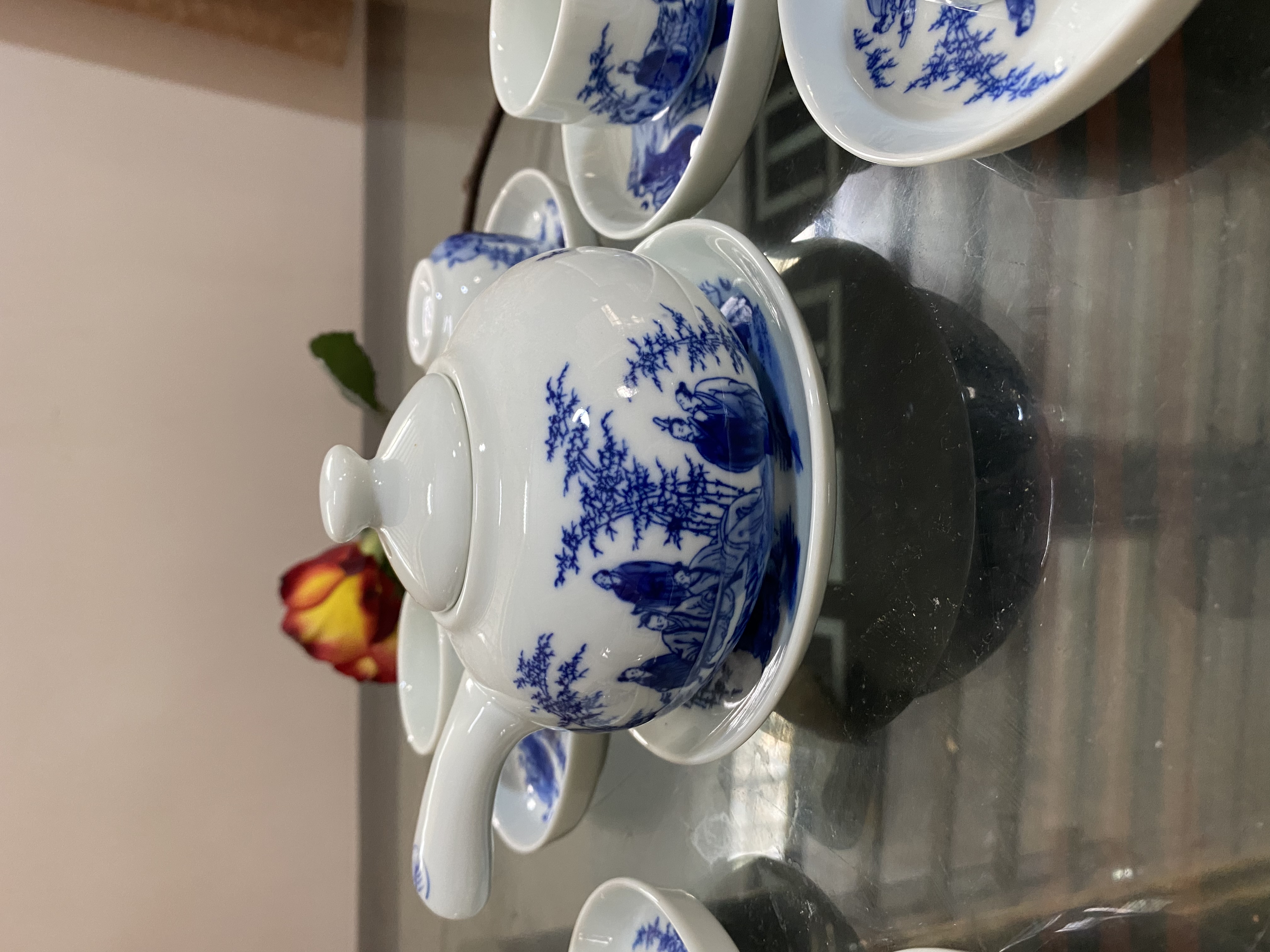 Bộ Ấm Chén Uống Trà Giả Cổ Quai Ngang Men Lam Gốm Bát Tràng Cao Cấp