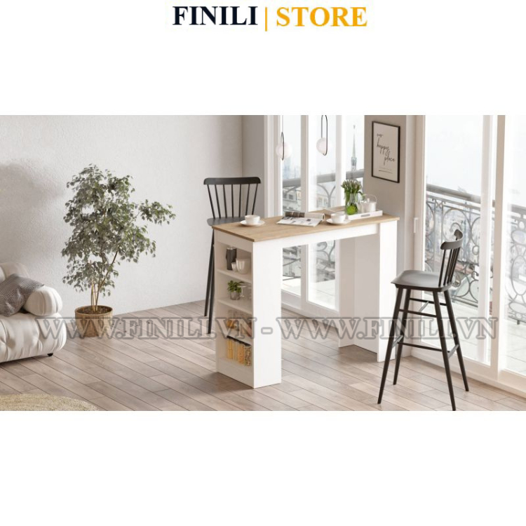 Bàn bar FINILI Temahome Aravis có ngăn đựng, Ván MDF Melamine, Trắng/Vân gỗ FNLO2077