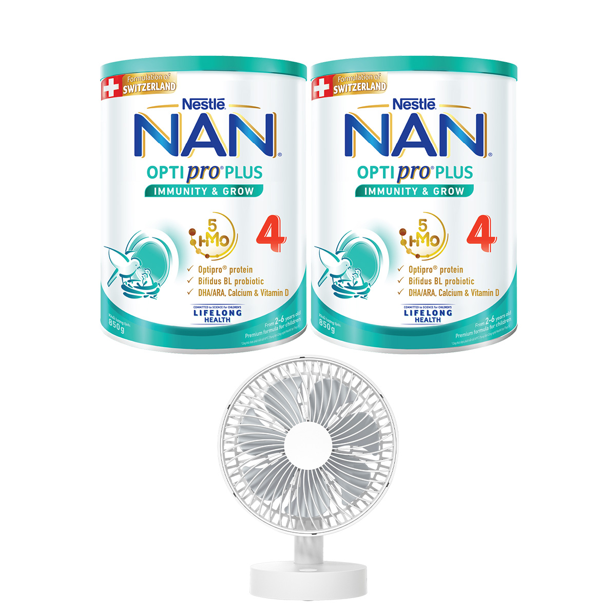 Bộ 2 Lon sữa bột Nestlé NAN OPTIPRO PLUS 4 850g/lon với 5HMO Giúp tiêu hóa tốt + Tăng cường đề kháng Tặng Quạt để bàn (2 - 6 tuổi)