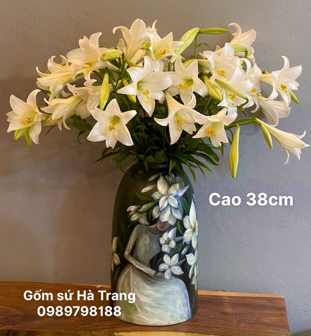 Lọ hoa gốm sứ Bát Tràng cao cấp vẽ 3D hoạ tiết thiếu nữ bên hoa cao 38cm