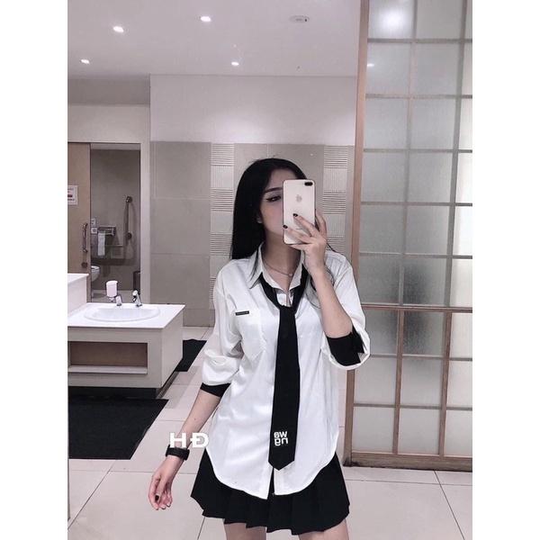 Áo sơ mi kèm cà vạt áo nữ cổ đức dài tay chất thô mềm