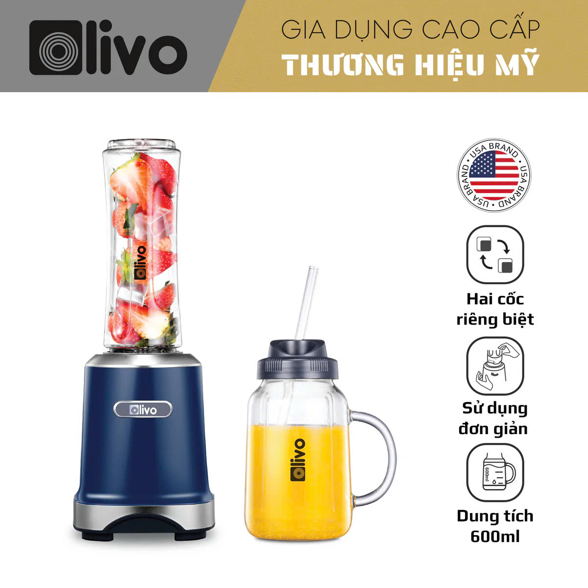 [Hàng chính hãng] Máy xay sinh tố đa năng Olivo MB300 - 2 Cốc Xay - Xay Đá Bào, Sinh Tố, Smoothie - Dung Tích 600ML - Livo Making Life Easier