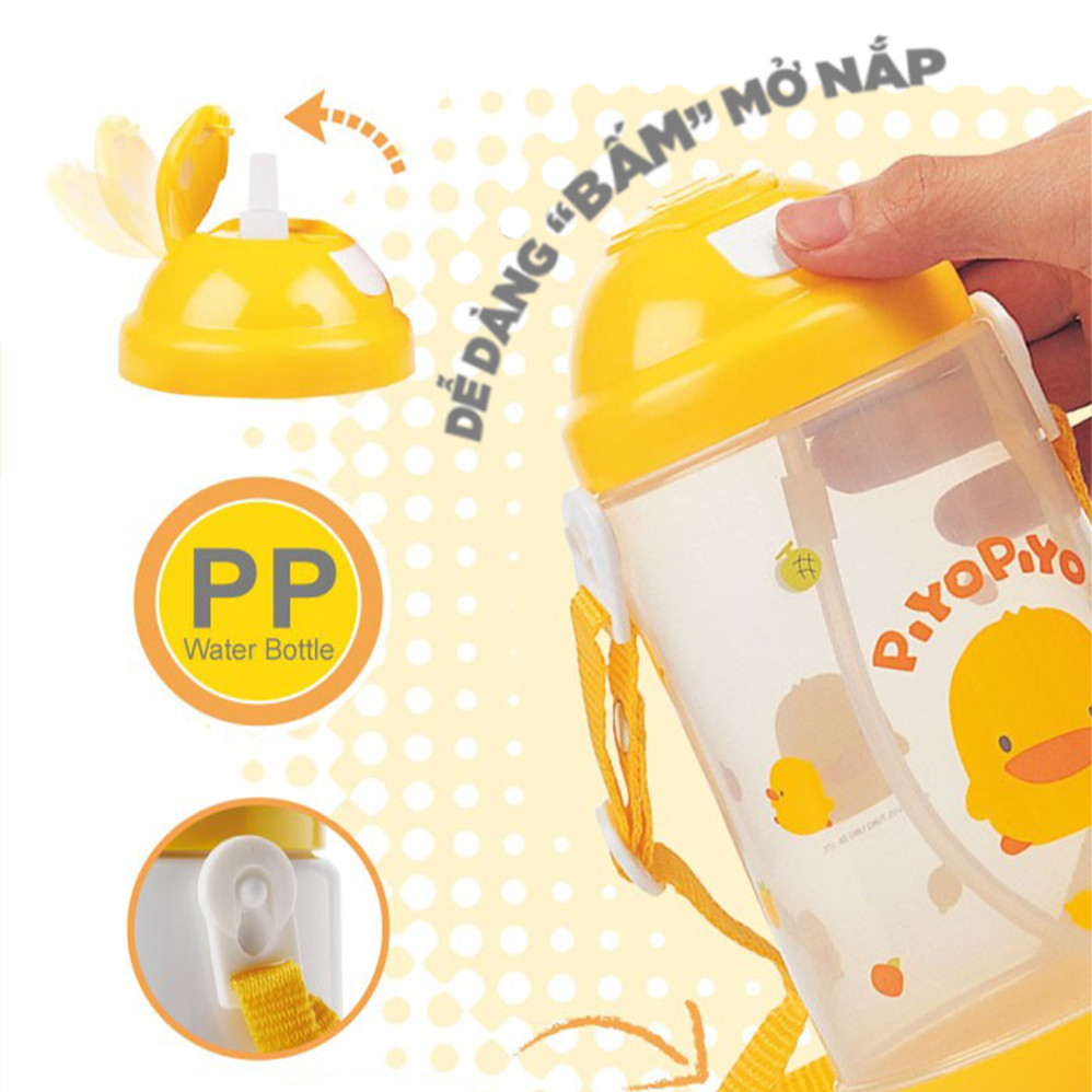 Bình nước đi học Piyo Piyo bấm nút mở ống hút có dây đeo 600ml - PY 830303