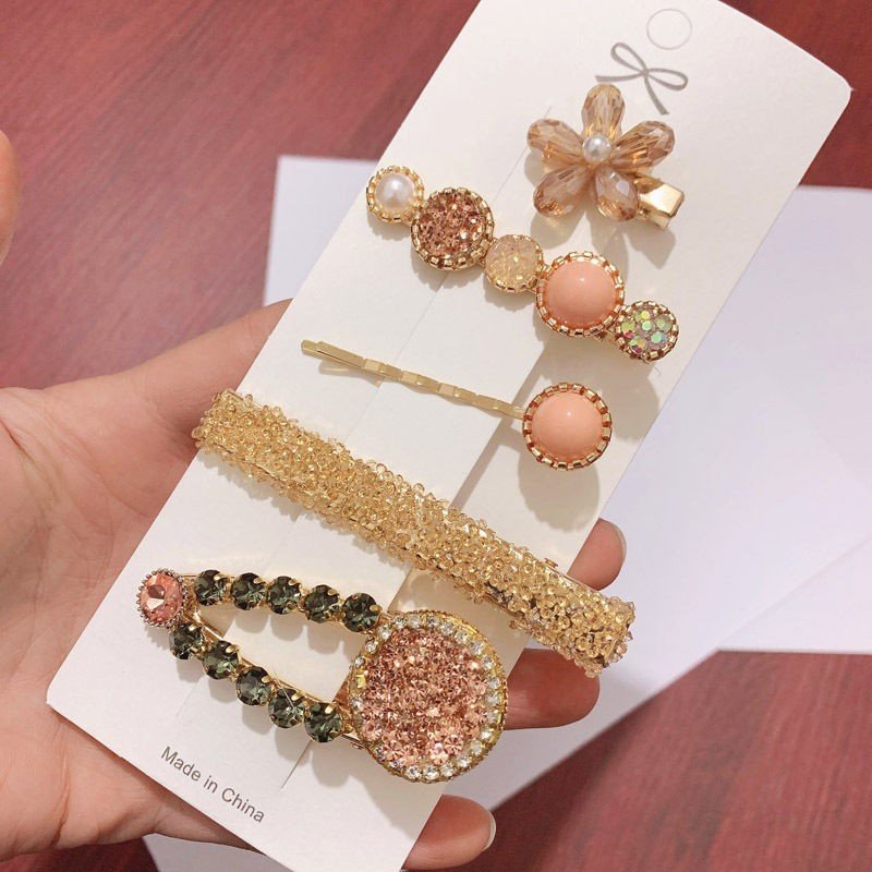 Set 5 Kẹp Tóc Hạt Ngọc Đính Hạt Lấp Lánh Dễ Thương