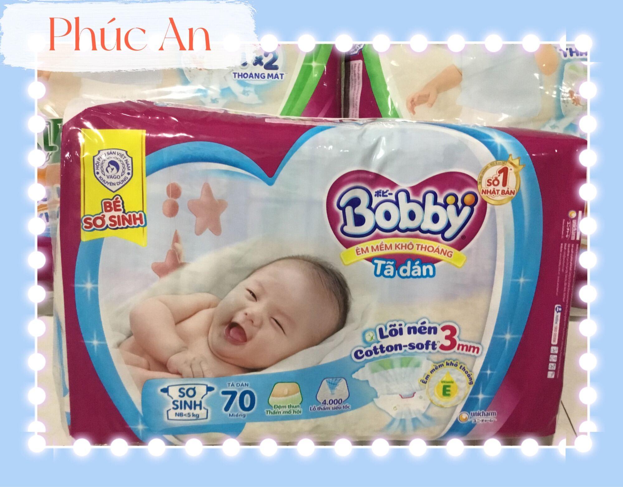 Tặng Thêm 4 Miếng Bên Trong - Tã Dán Sơ Sinh Bobby Size NB 70 Miếng (Newborn NB70) Êm Mềm Khô Thoáng Cho Trẻ &lt; 5Kg - Tã Dán Bé Sơ Sinh Bobby Size SX (Bobby xs70)