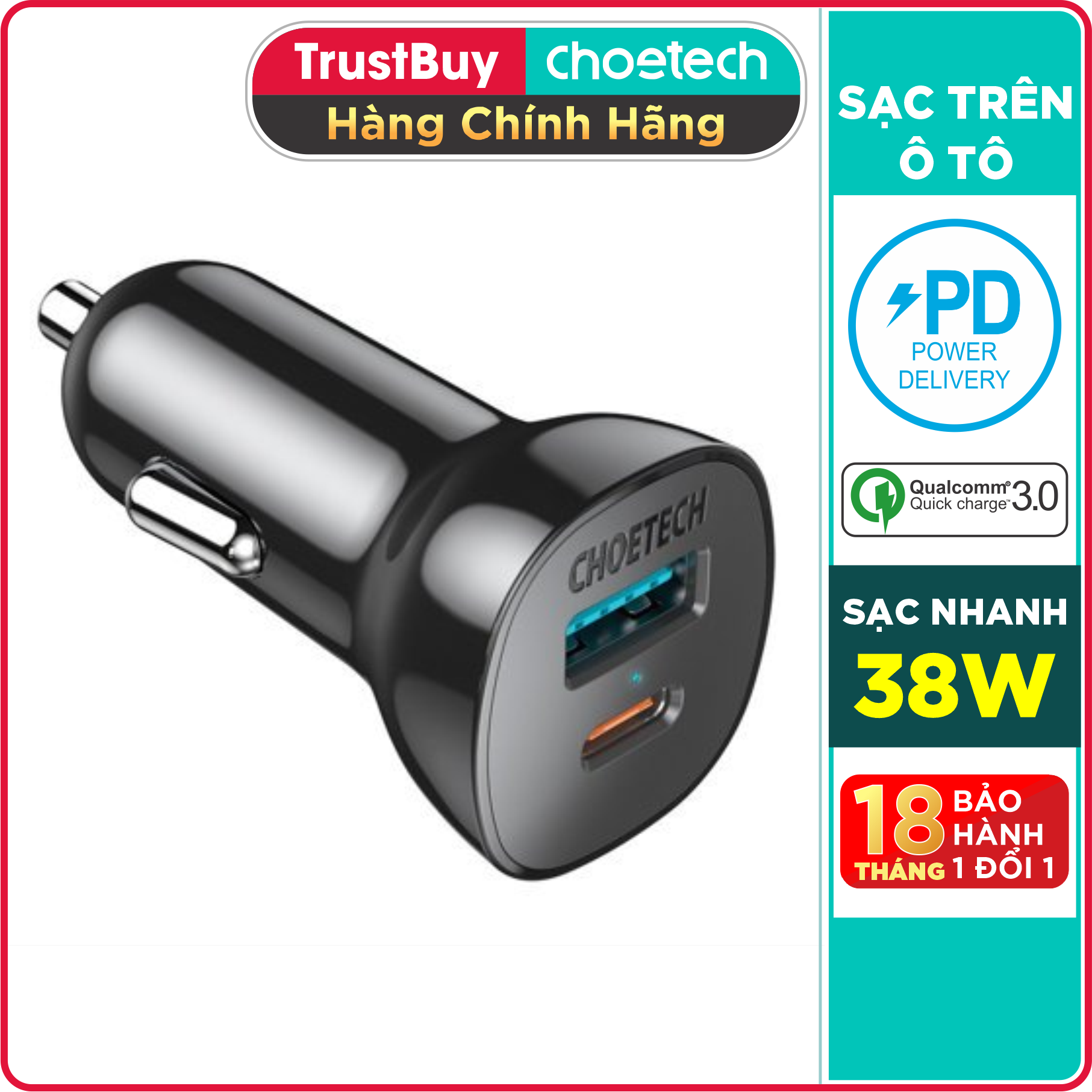 Củ Sạc Điện Thoại Ô Tô 38W CHOETECH TC0005 V2 USB Quick Charge 3.0 18W, Type-C PD 20W - Hàng Chính Hãng