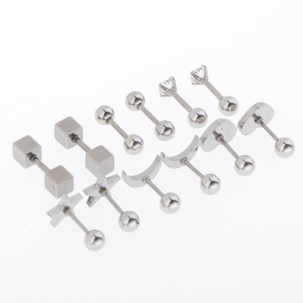 2X 6 Pairs Stainless Steel Ball Screw Back Earrings Star Heart Moon Stud Silver