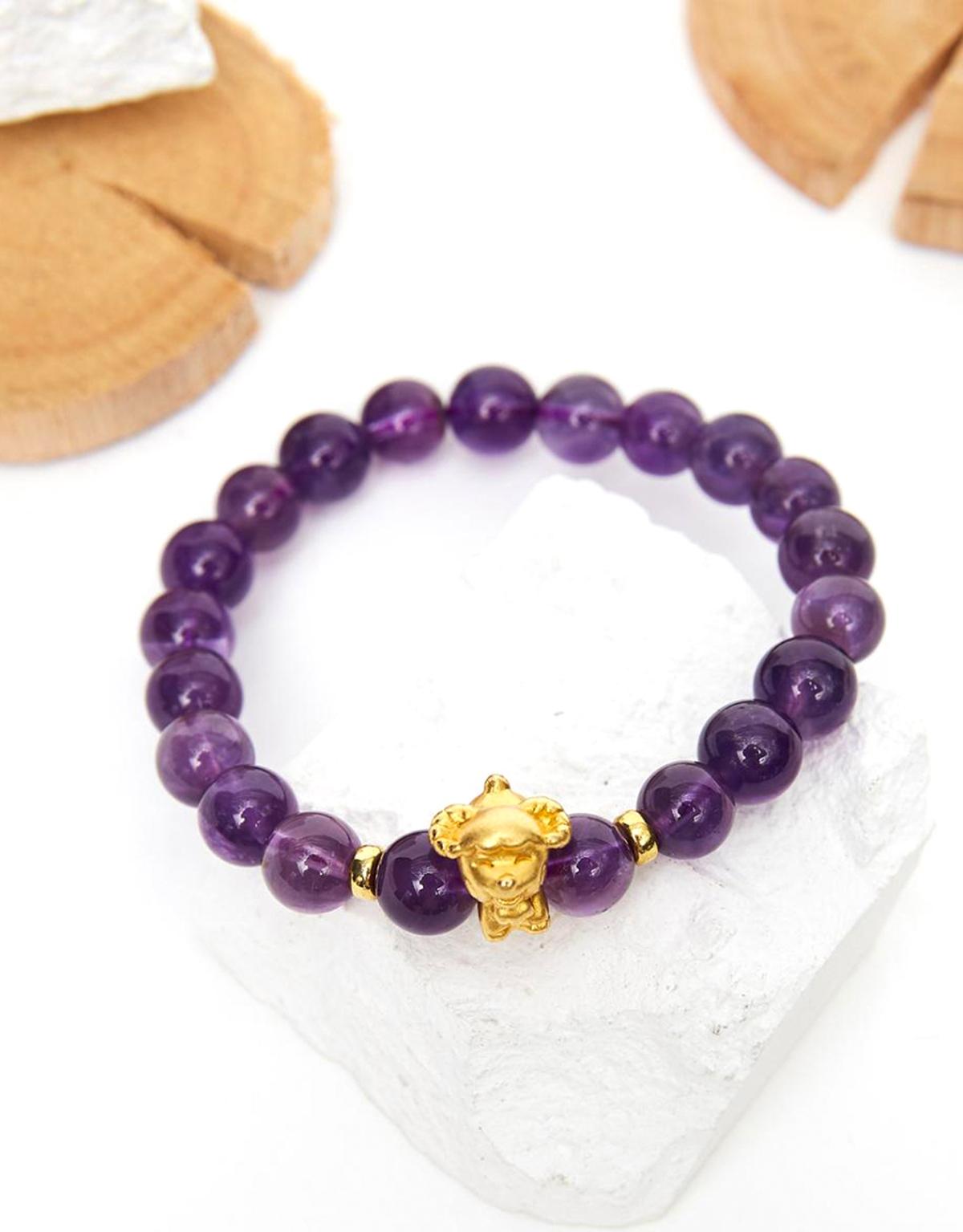 Vòng tay đá thạch anh tím charm tuổi mùi bạc mạ vàng 24K 8mm mệnh hỏa, thổ - Ngọc Quý Gemstones