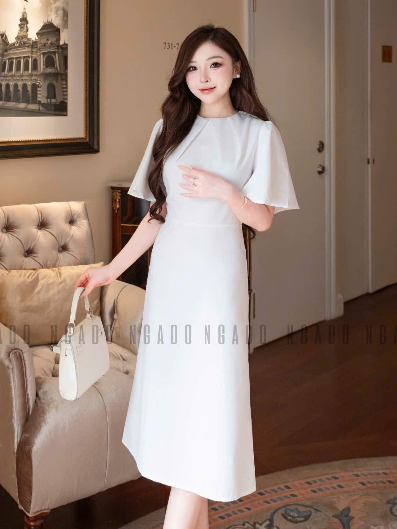 Đầm trắng cổ xếp NGADO
