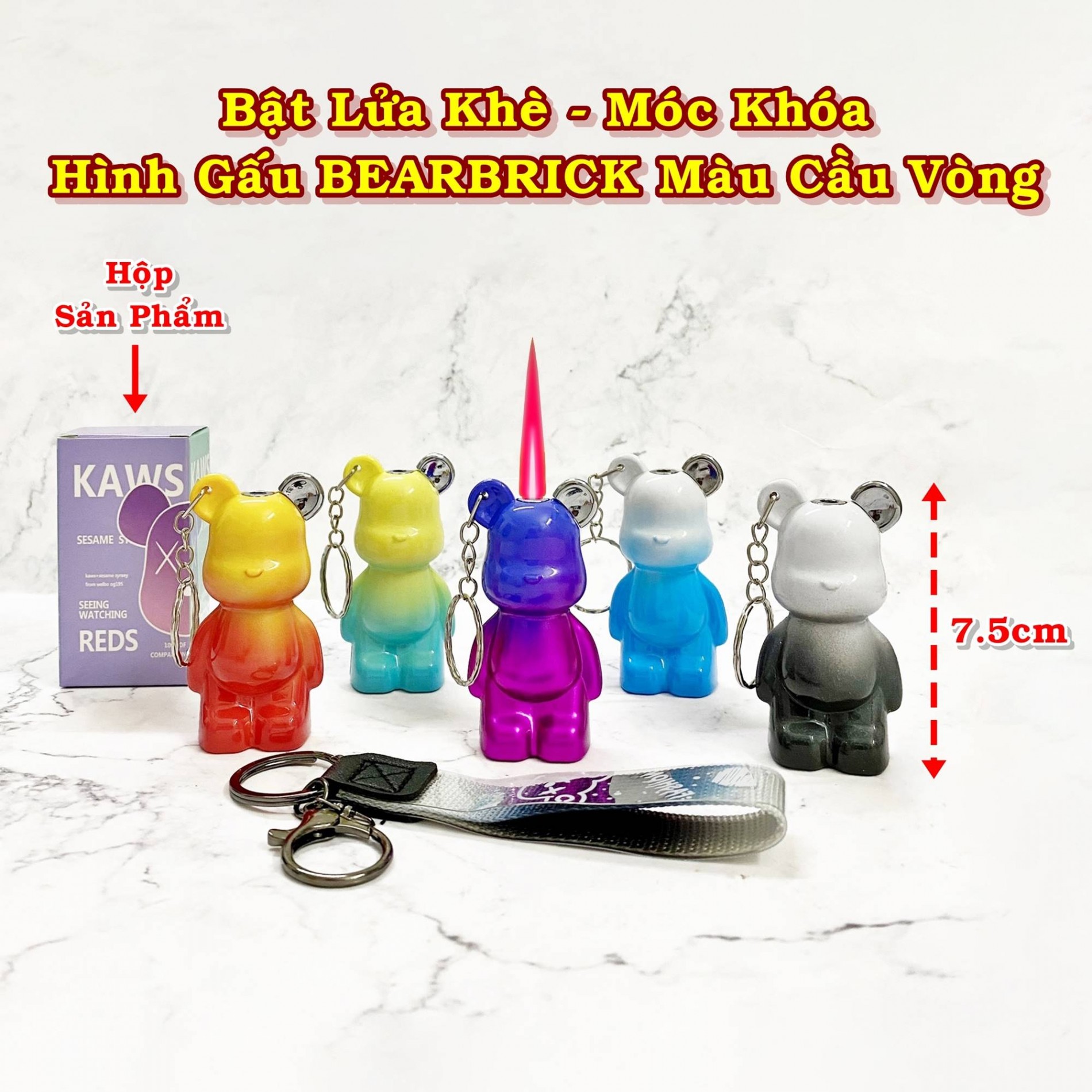 Hột quẹt bật lửa khè móc khóa hình gấu BEARBRICK màu cầu vòng - xài gas