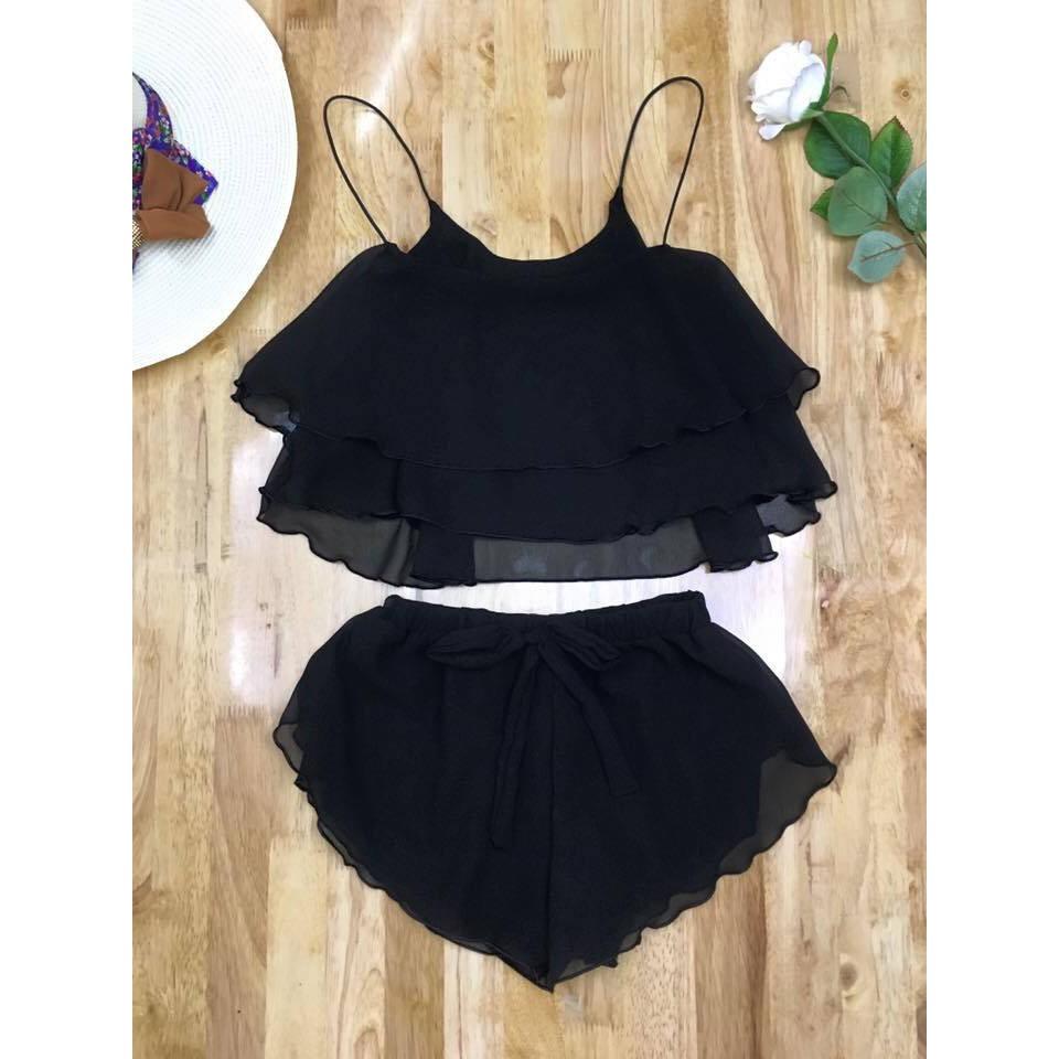 Set đồ bộ mặc nhà, đồ ngủ 2 dây mát mẻ, quyến rũ, chất voan 2 lớp 2 tầng, bộ đồ ngủ, SET BƯỚM VINTAGE