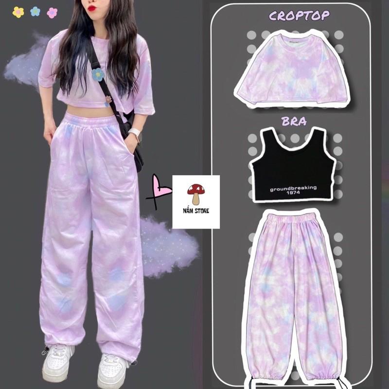 Set áo croptop loang màu + bra đen + quần jogger dài loang màu ống rộng dây rút - Set bộ thể thao 3 món