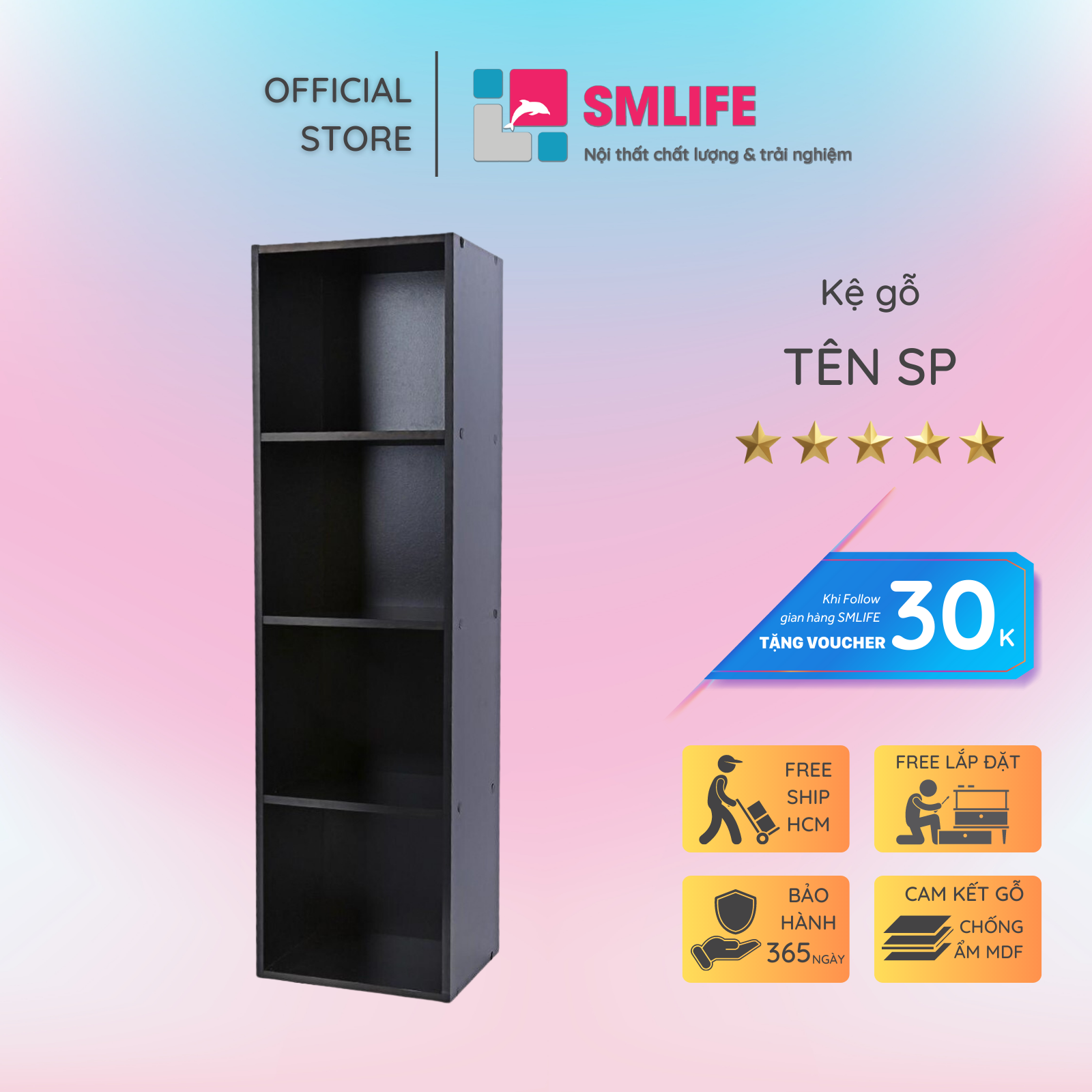 Kệ sách, kệ trang trí gỗ hiện đại SMLIFE Bolobala  | Gỗ MDF dày 17mm chống ẩm | D40xR28xC140cm