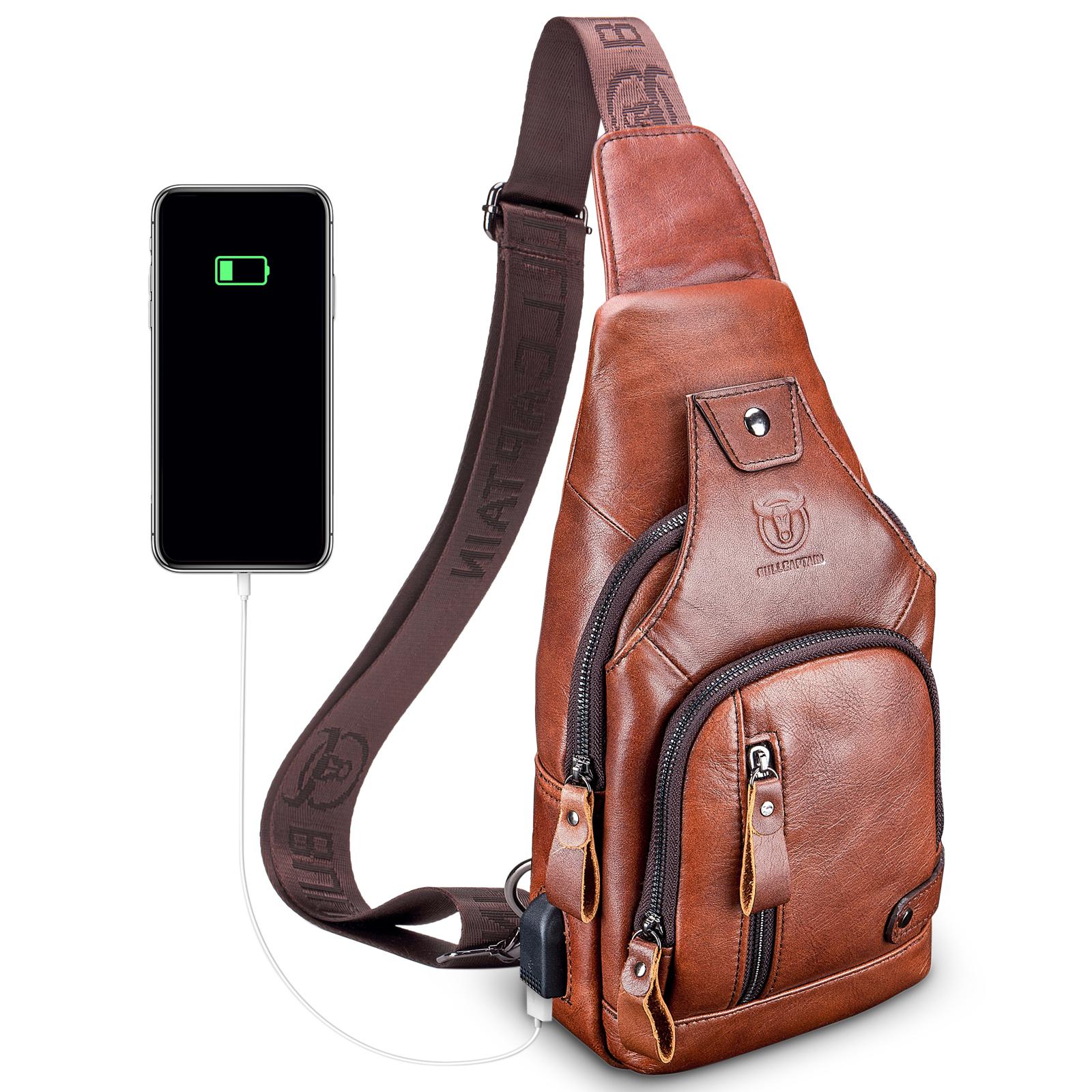 Túi da đeo vai chéo dành cho nam, đi phượt, đi bộ đường dài, du lịch có cổng sạc USB