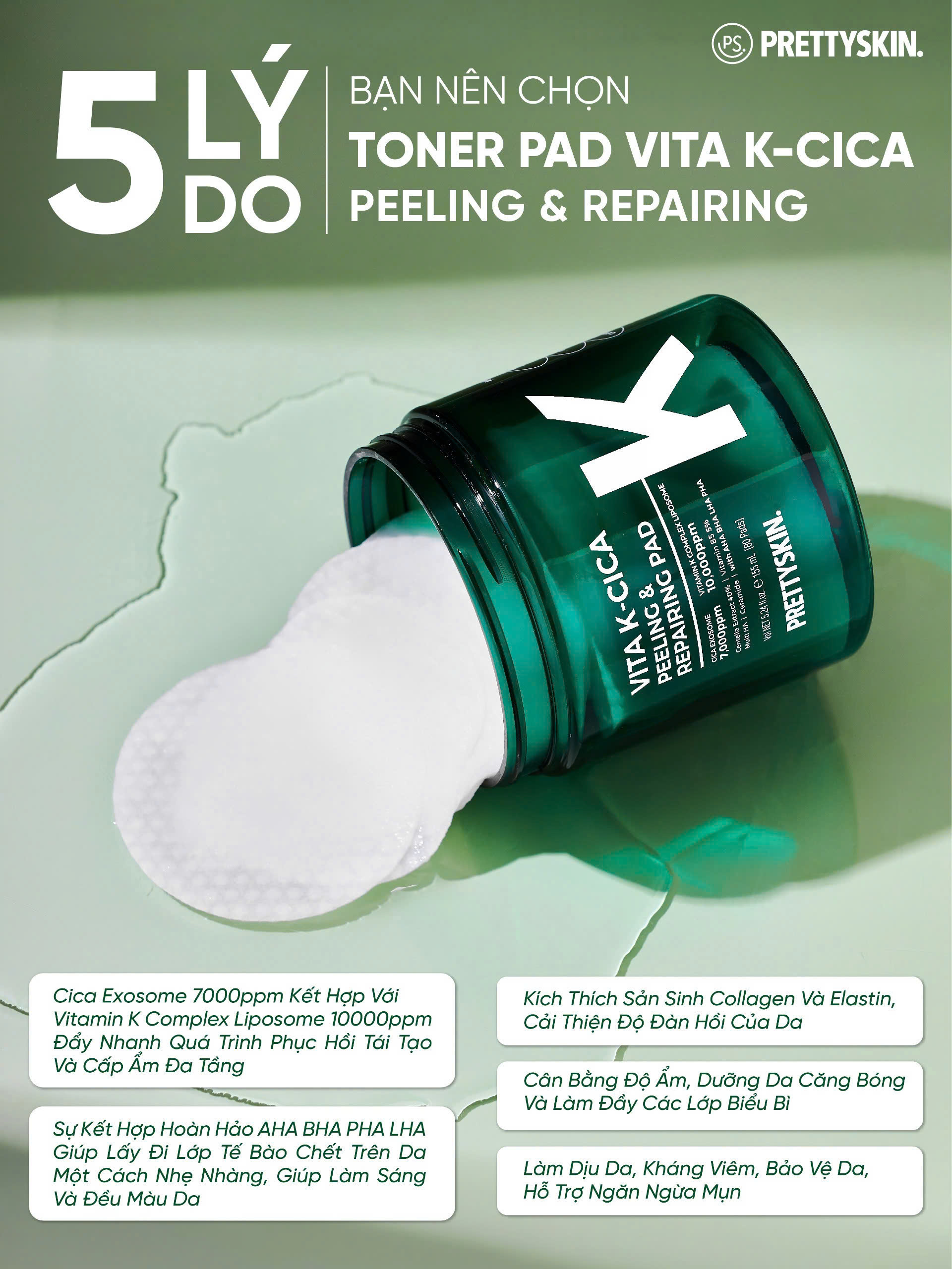 Toner Pad Vita K-Cica Peeling &amp; Repairing Pad Pretty Skin Hàn Quốc 80 miếng