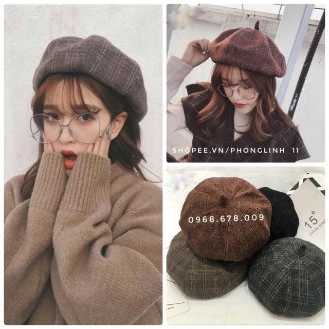 MŨ NỒI DẠ , NÓN NỒI DẠ NỮ NÓN BERET, MŨ BERET DẠ Caro loại 1 mũ ulzzang