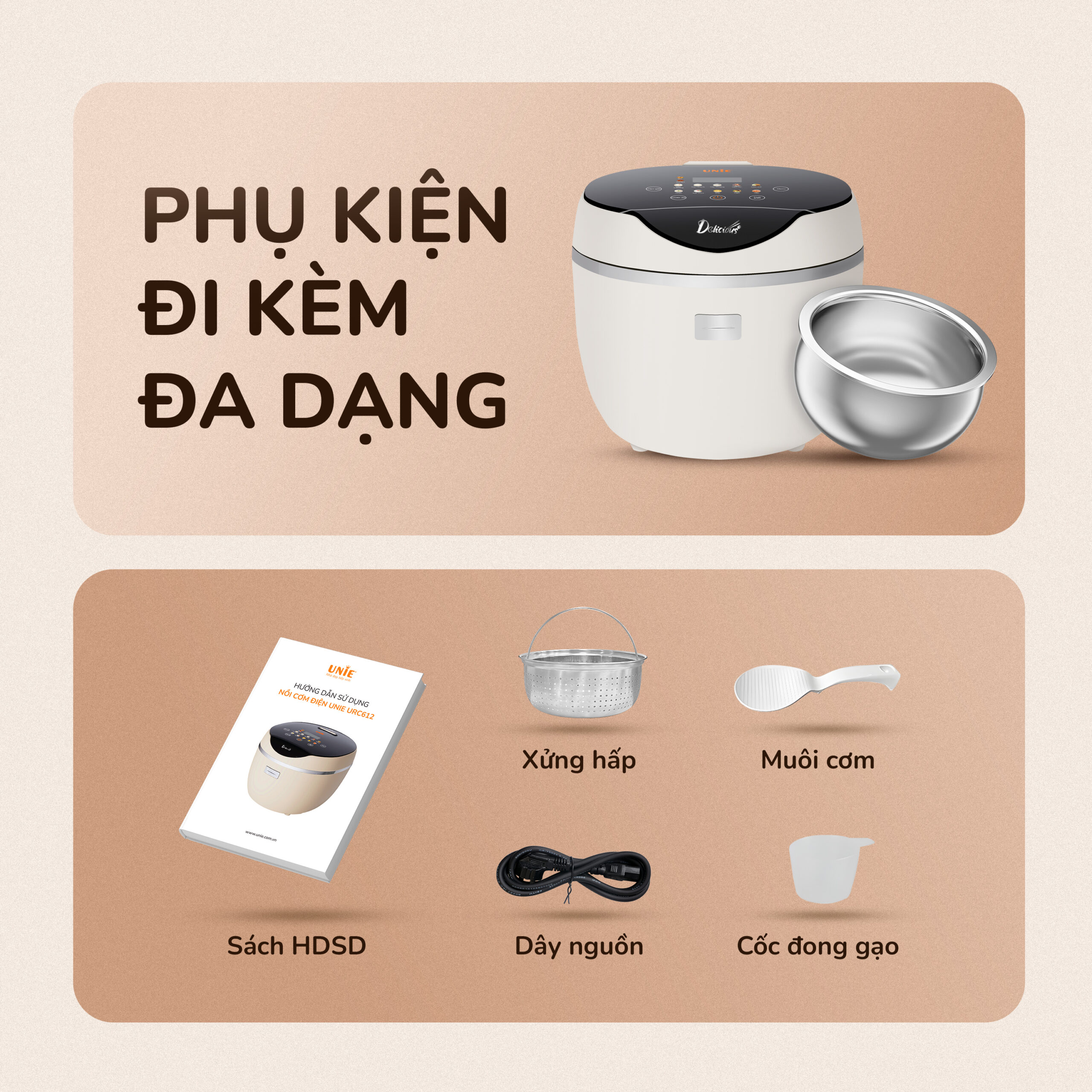 Nồi cơm điện tử UNIE URC612 ,công nghệ nấu cơm giảm đường, lòng nồi inox 304, dung tích 1,2L,công suất 500W, hàng chính hãng BH 12 tháng