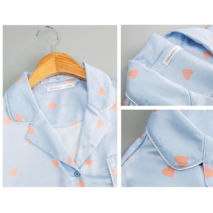 Bộ pyjama lụa nữ mặc nhà dáng ngắn họa tiết trái tim