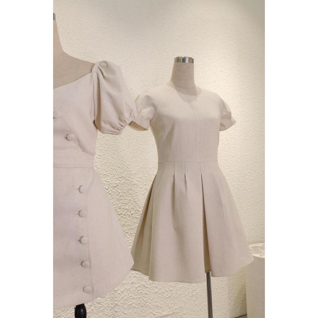 Đầm Robusta Dress Chất Linen Màu Muối tiêu Dáng xòe A ngắn cổ tròn HUYEN CHAU NGUYEN C1SDA033BE