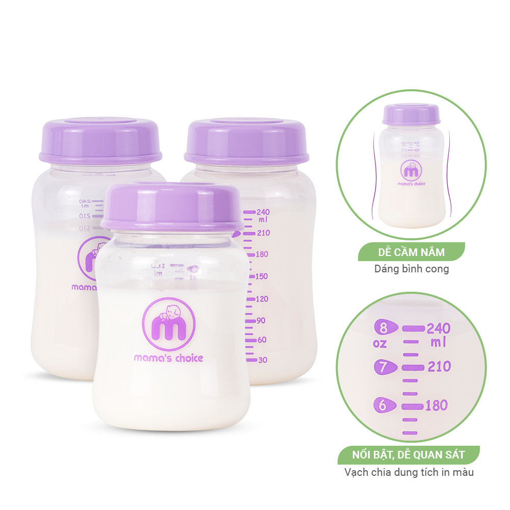Bình Trữ Sữa Cổ Rộng Mama's Choice 180ml–240ml, Tương Thích Máy Hút Sữa Spectra, Avent, Fatz, Rozabi, Cimilre