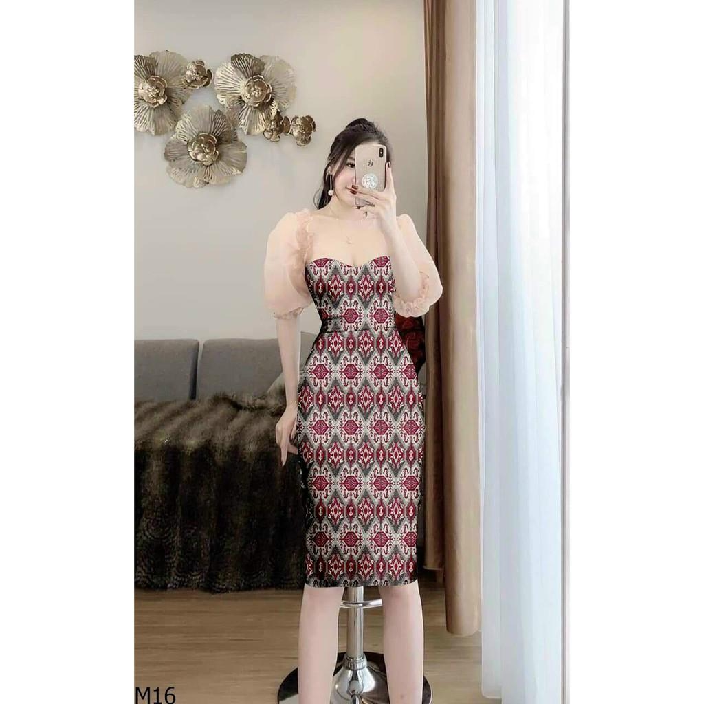 Đầm body hoạ tiết phối tay lưới sang chảnh kèm hình thật