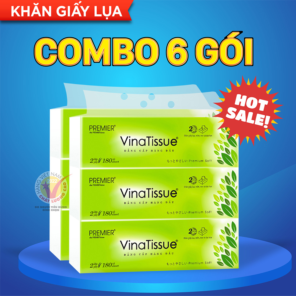 [COMBO 6 GÓI] Khăn giấy lụa đa năng Premier VinaTissue 2 lớp 100% bột giấy nguyên sinh, không chất tẩy 180 tờ