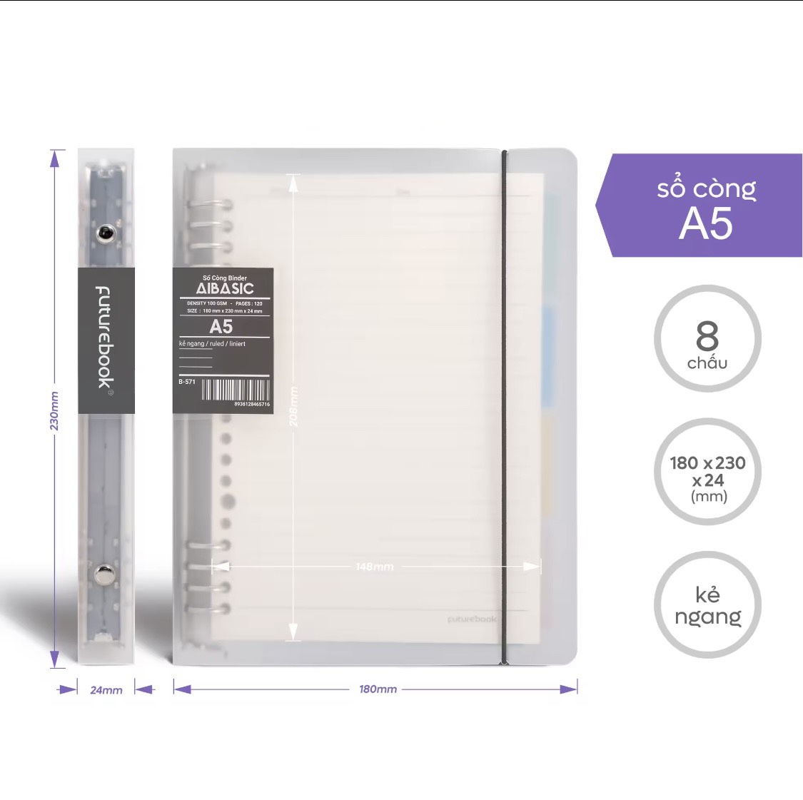 FUTUREBOOK-Sổ Còng Binder Aibasic 8Chấu A5 Kèm Ruột Giấy ReFill 120Trang–Định Lượng100Gsm–Dòng kẻ Caro_Kẻ Ngang_Chấm Dot